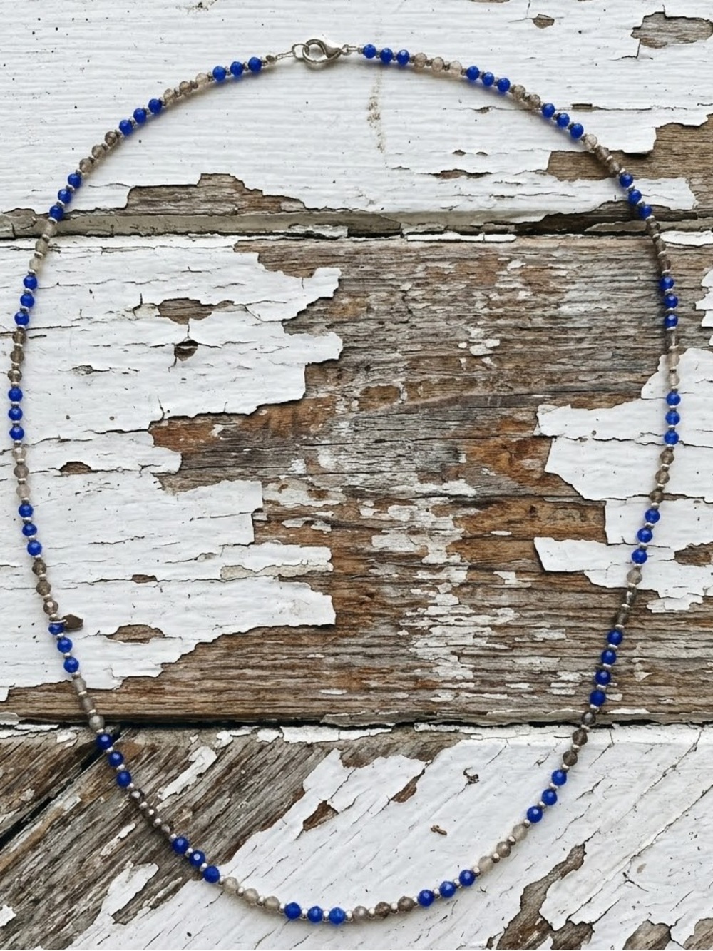 Lapis Blue Tone Beaded Necklace with Matte Gold Tone Beads